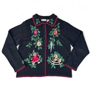 Vintage B.P. Design Christmas Embroidered Beaded Button Cardigan Sweater Wmn L